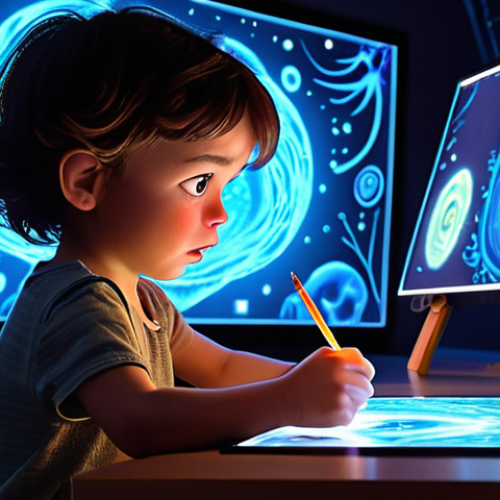 A child sits, utterly captivated, gazing at a glowing screen where vibrant animated characters burst forth, seemingly real. The scene transitions subtly into a lively animation studio where artists are sketching concept art and working on digital tablets, surrounded by a magical aura of creativity. The mood is one of pure wonder and the passionate birth of fantastical worlds, blending traditional and modern artistic tools.