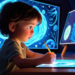 A child sits, utterly captivated, gazing at a glowing screen where vibrant animated characters burst forth, seemingly real. The scene transitions subtly into a lively animation studio where artists are sketching concept art and working on digital tablets, surrounded by a magical aura of creativity. The mood is one of pure wonder and the passionate birth of fantastical worlds, blending traditional and modern artistic tools.