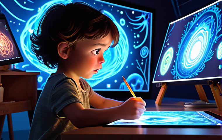 A child sits, utterly captivated, gazing at a glowing screen where vibrant animated characters burst forth, seemingly real. The scene transitions subtly into a lively animation studio where artists are sketching concept art and working on digital tablets, surrounded by a magical aura of creativity. The mood is one of pure wonder and the passionate birth of fantastical worlds, blending traditional and modern artistic tools.