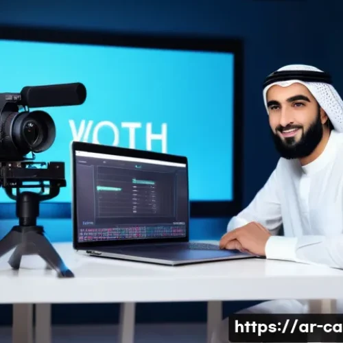 캐리 유튜브 채널 성장 비결 - A modern YouTube content creator studio set in a stylish Arab home environment, featuring a young ad...