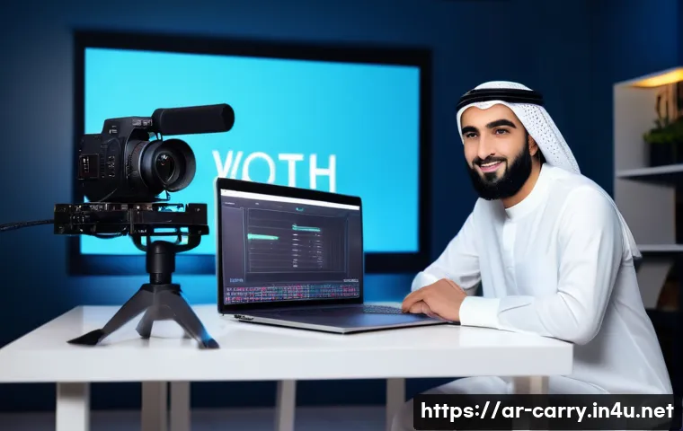 캐리 유튜브 채널 성장 비결 - A modern YouTube content creator studio set in a stylish Arab home environment, featuring a young ad...