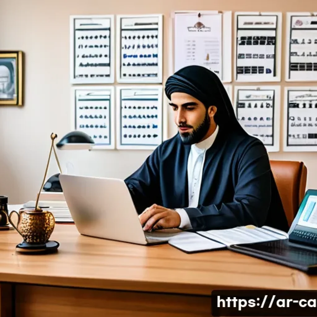 캐리 콘텐츠의 저작권 정책 - A professional Arab content creator in a modern home office, surrounded by digital devices displayin...