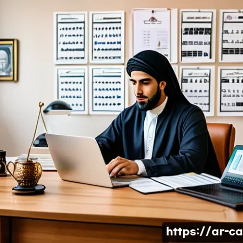 캐리 콘텐츠의 저작권 정책 - A professional Arab content creator in a modern home office, surrounded by digital devices displayin...
