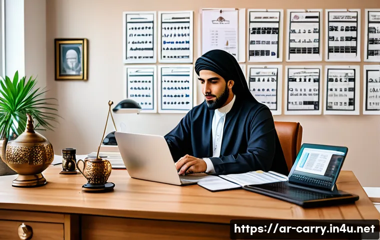 캐리 콘텐츠의 저작권 정책 - A professional Arab content creator in a modern home office, surrounded by digital devices displayin...