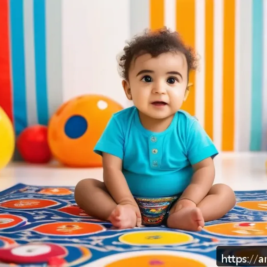 캐리 완구 시리즈 - A vibrant and colorful scene of a Middle Eastern toddler wearing a traditional-style diaper, sitting...