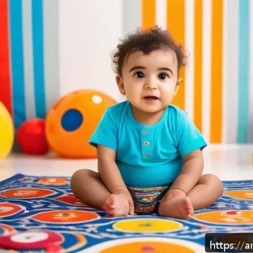 캐리 완구 시리즈 - A vibrant and colorful scene of a Middle Eastern toddler wearing a traditional-style diaper, sitting...