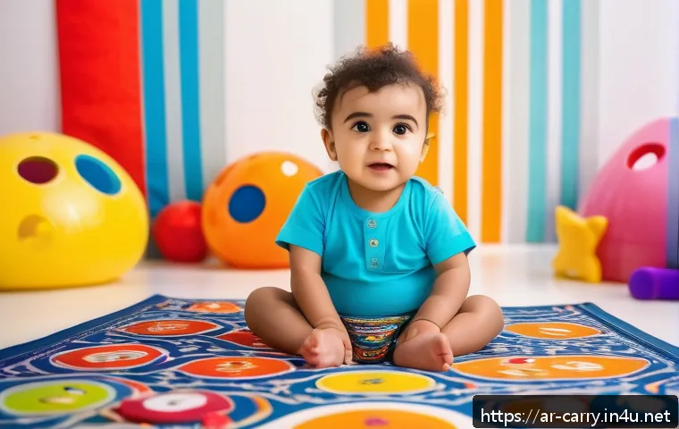 캐리 완구 시리즈 - A vibrant and colorful scene of a Middle Eastern toddler wearing a traditional-style diaper, sitting...
