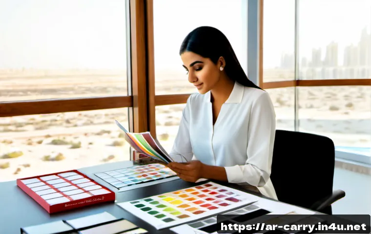 Home 17 캐리의 리브랜딩 전략 - Photorealistic Arab female entrepreneur in elegant modest business attire reviewing a rebranding moo...